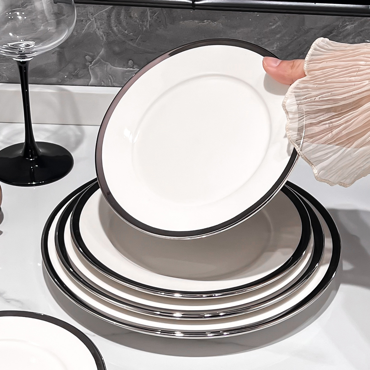10-inch Silver-Rimmed Dinner Plate, Microwave and Dishwasher Safe for Everyday Use